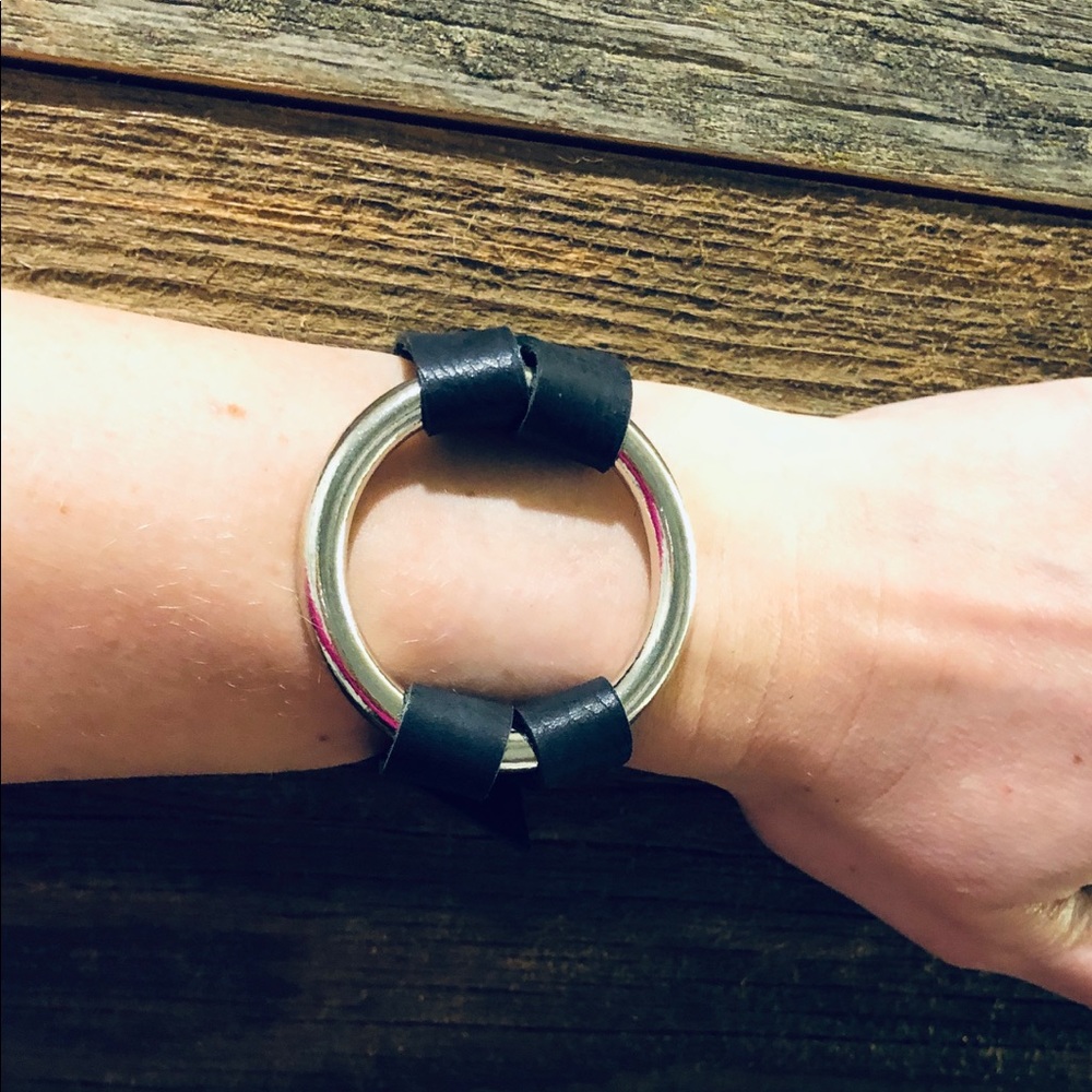 Black Leather and Nickel Wrap Bracelet